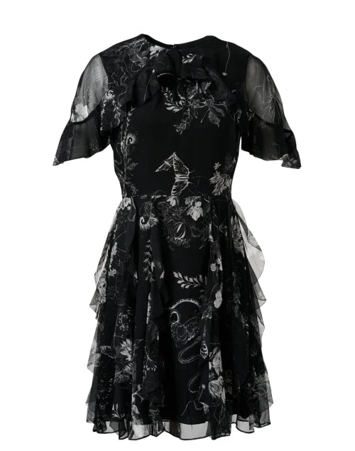 Everyday Dress with Embroidered Bodice for a Decorative Look Black Multi Print Silk Chiffon Dress Everyday Dress with Embroidered Bodice for a Decorative Look Black Multi Print Silk Chiffon Dress