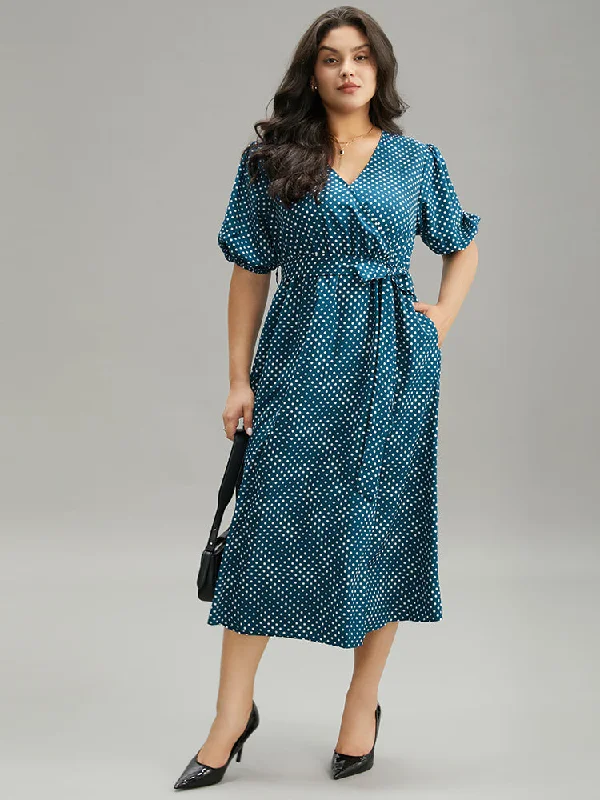 Velvet midi dresses in jewel tones for a glamorous winter event Polka Dot Belted Lantern Sleeve Surplice Neck Dress Velvet midi dresses in jewel tones for a glamorous winter event Polka Dot Belted Lantern Sleeve Surplice Neck Dress