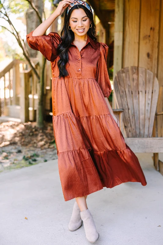 High - low midi dresses with geometric patterns for a modern party All The Love Camel Brown Satin Midi Dress High - low midi dresses with geometric patterns for a modern party All The Love Camel Brown Satin Midi Dress