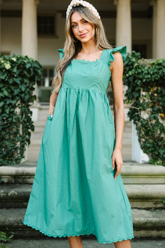 Midi dresses with cold - shoulder cutouts for a trendy style Doing It All Green Ruffled Midi Dress Midi dresses with cold - shoulder cutouts for a trendy style Doing It All Green Ruffled Midi Dress