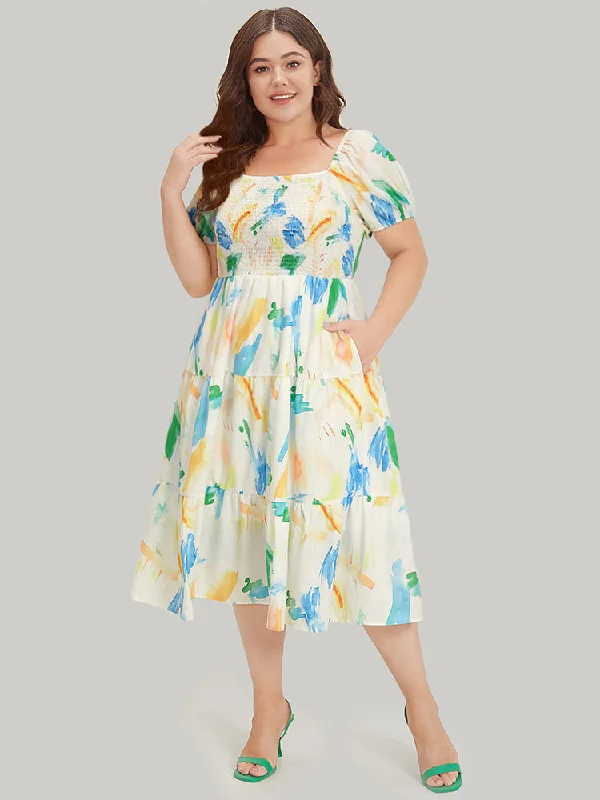 Midi dresses with belted waists to accentuate the figure Colour Geometric Print Square Neck Shirred Puff Sleeve Dress Midi dresses with belted waists to accentuate the figure Colour Geometric Print Square Neck Shirred Puff Sleeve Dress