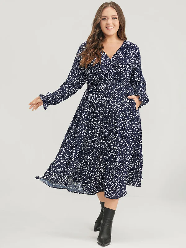 A - line midi dresses with floral prints for spring brunches Plant Print Pocket Lantern Sleeve Wrap Shirred Dress A - line midi dresses with floral prints for spring brunches Plant Print Pocket Lantern Sleeve Wrap Shirred Dress
