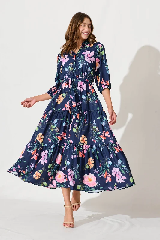 Everyday Dress with Organic Cotton for Eco - conscious Consumers Love Song Maxi Dress In Navy With Multi Floral Print Everyday Dress with Organic Cotton for Eco - conscious Consumers Love Song Maxi Dress In Navy With Multi Floral Print