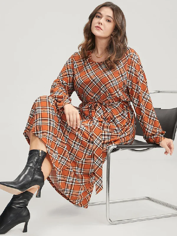 Midi dresses with wrap - around skirts for a customizable fit Tartan Round Neck Pocket Belted Midi Dress Midi dresses with wrap - around skirts for a customizable fit Tartan Round Neck Pocket Belted Midi Dress