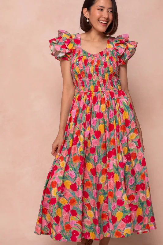 Everyday Dress with Lace - trimmed Hem for Elegance​ Hattie Dress in Tulips