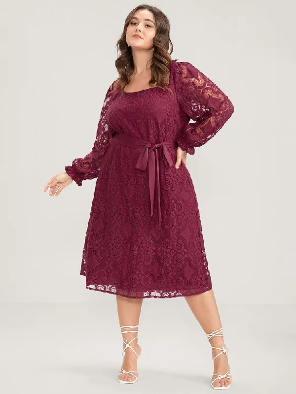Midi dresses with tiered skirts for a bohemian festival look Solid Square Neck Lantern Sleeve Belted Lace Dress Midi dresses with tiered skirts for a bohemian festival look Solid Square Neck Lantern Sleeve Belted Lace Dress