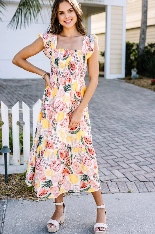 Midi dresses with one - shoulder designs for a modern and asymmetric style Just So Sweet Ivory Multi Fruit Print Midi Dress Midi dresses with one - shoulder designs for a modern and asymmetric style Just So Sweet Ivory Multi Fruit Print Midi Dress