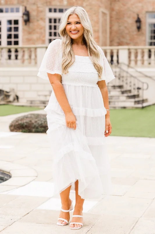 Midi dresses with patchwork patterns for a one - of - a - kind style Ruffle Some Feathers Dress, Off White Midi dresses with patchwork patterns for a one - of - a - kind style Ruffle Some Feathers Dress, Off White