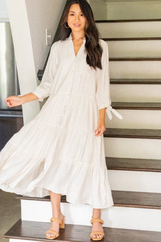 Midi dresses with satin - finish fabrics for a luxurious feel Leading Back To You Eggshell White Tiered Midi Dress Midi dresses with satin - finish fabrics for a luxurious feel Leading Back To You Eggshell White Tiered Midi Dress