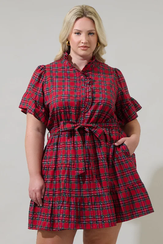 Mini dresses with pom - pom trims for a playful feel Arvada Plaid Cottonwood Ruffle Button Down Mini Dress Curve Mini dresses with pom - pom trims for a playful feel Arvada Plaid Cottonwood Ruffle Button Down Mini Dress Curve