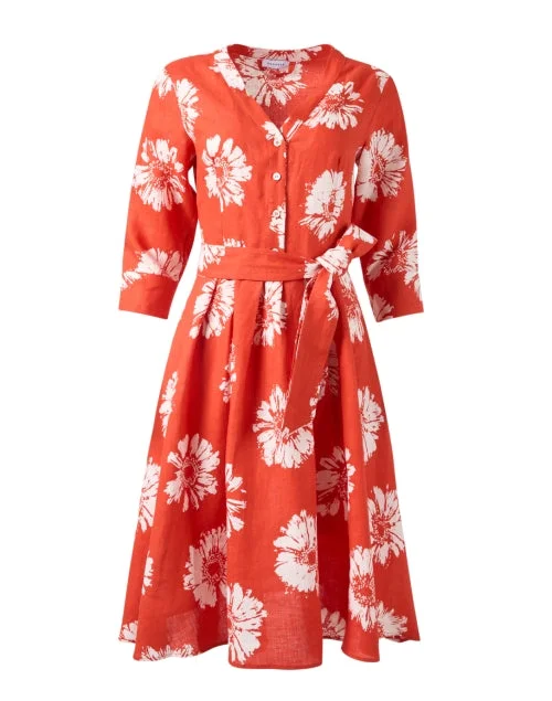  Orange Floral Linen Dress