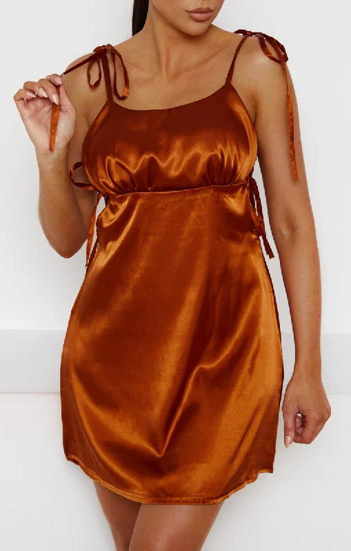 Mini dresses with asymmetric hems for a fashion - forward look Rust Satin Ruched Bust Tie Detail Mini Dress - Azaria Mini dresses with asymmetric hems for a fashion - forward look Rust Satin Ruched Bust Tie Detail Mini Dress - Azaria