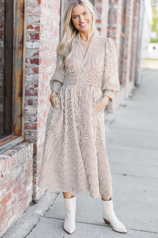 Midi dresses with metallic threads for a glamorous evening event How You Love Brown Striped Midi Dress Midi dresses with metallic threads for a glamorous evening event How You Love Brown Striped Midi Dress