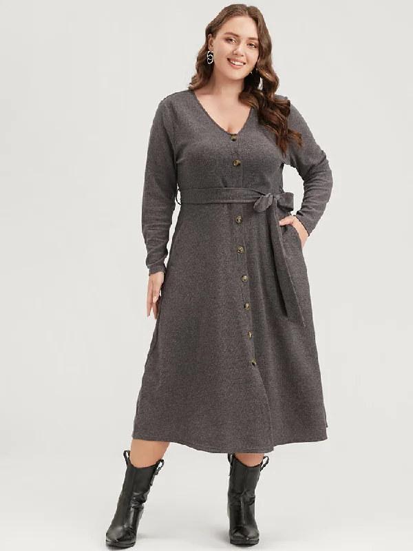 Midi dresses with embroidered accents for a unique and detailed design Solid Pocket Button Up Belted Rib Knit Dress Midi dresses with embroidered accents for a unique and detailed design Solid Pocket Button Up Belted Rib Knit Dress