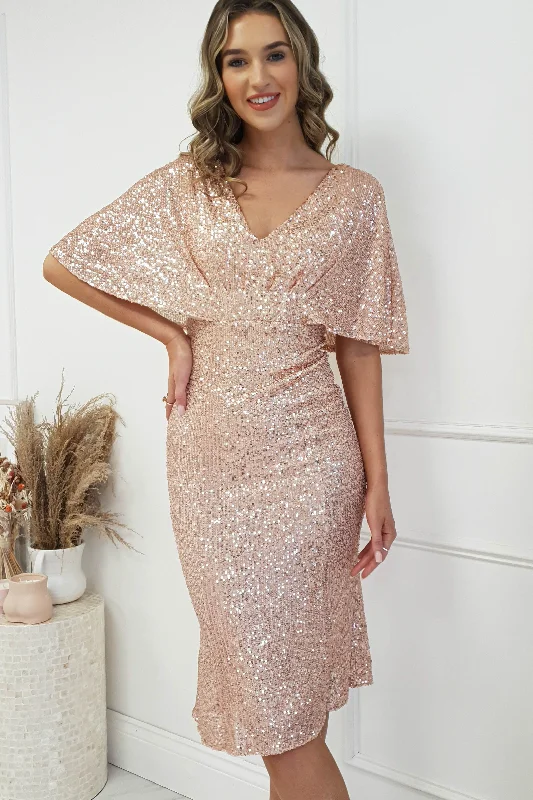 A - line midi dresses with floral prints for spring brunches Alvara Sequin Midi Dress | Rose Gold A - line midi dresses with floral prints for spring brunches Alvara Sequin Midi Dress | Rose Gold