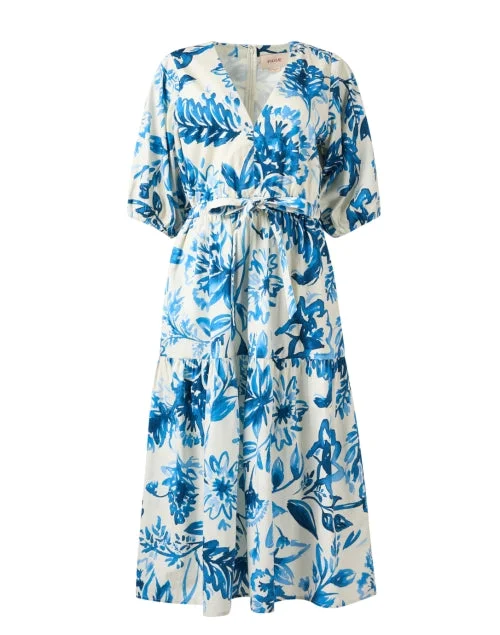 Everyday Dress with Tiered Skirt for a Voluminous Look Joyce Blue and White Print Cotton Dress Everyday Dress with Tiered Skirt for a Voluminous Look Joyce Blue and White Print Cotton Dress