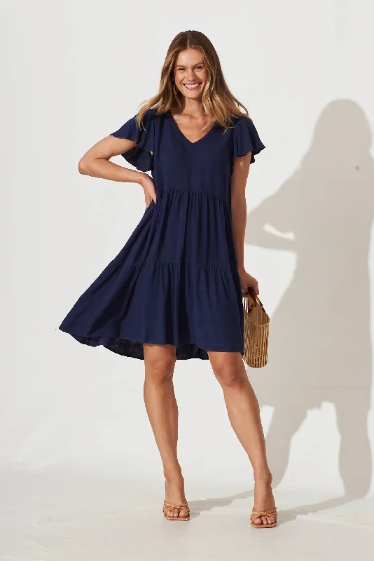 Everyday Sheath Dress in Wool for Winter​ Tahiti Smock Dress In Navy Linen Blend