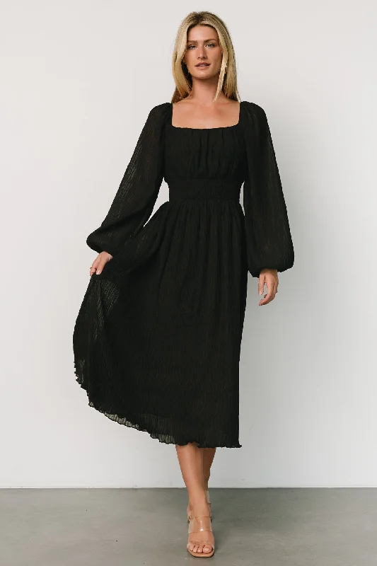 Midi dresses with embroidered accents for a unique and detailed design Dalton Pleated Midi Dress | Black Midi dresses with embroidered accents for a unique and detailed design Dalton Pleated Midi Dress | Black