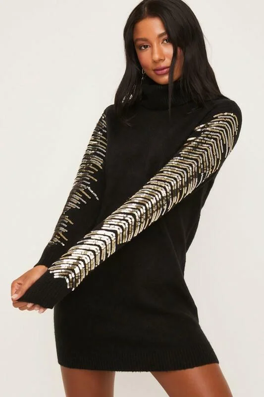 Mini dresses with pom - pom trims for a playful feel Kiara Black Long Sleeve Turtleneck Sweater Dress Mini dresses with pom - pom trims for a playful feel Kiara Black Long Sleeve Turtleneck Sweater Dress
