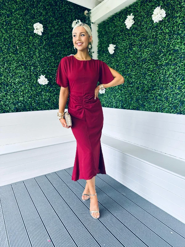 Sheath midi dresses with beaded embellishments for a formal occasion Cleo Ruched Detail Midi Dress Berry Sheath midi dresses with beaded embellishments for a formal occasion Cleo Ruched Detail Midi Dress Berry