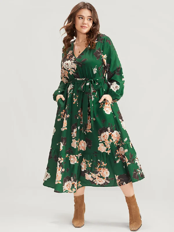 Velvet midi dresses in jewel tones for a glamorous winter event Floral Print Lantern Sleeve Button Detail Pocket Belted Dress Velvet midi dresses in jewel tones for a glamorous winter event Floral Print Lantern Sleeve Button Detail Pocket Belted Dress