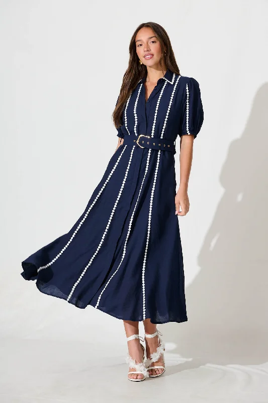 Everyday Shift Dress for Summer in Linen​ Adore Maxi Shirt Dress in Navy