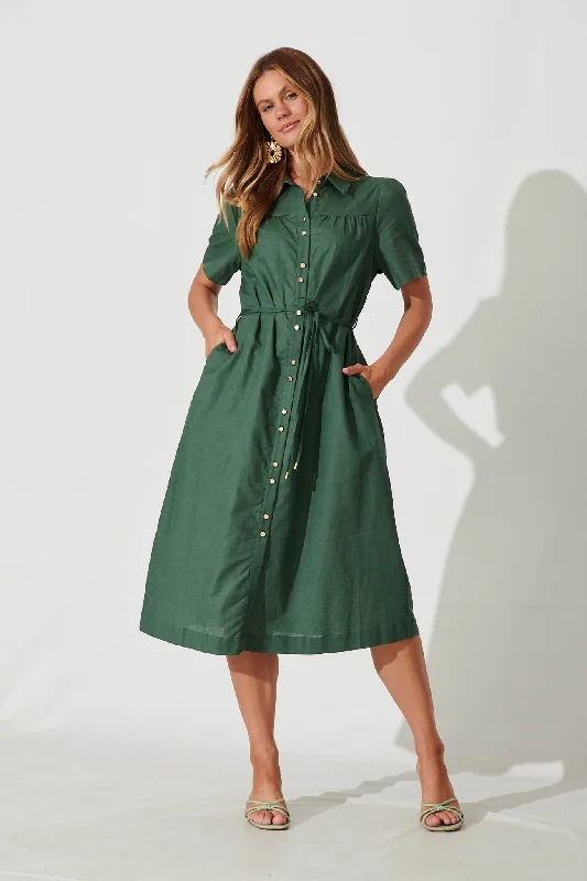 Everyday Dress with Batik Print for an Ethnic Look Oatland Midi Shirt Dress In Green Cotton Linen Everyday Dress with Batik Print for an Ethnic Look Oatland Midi Shirt Dress In Green Cotton Linen