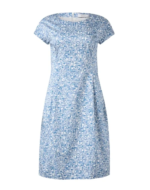  Blue Print Cotton Sheath Dress