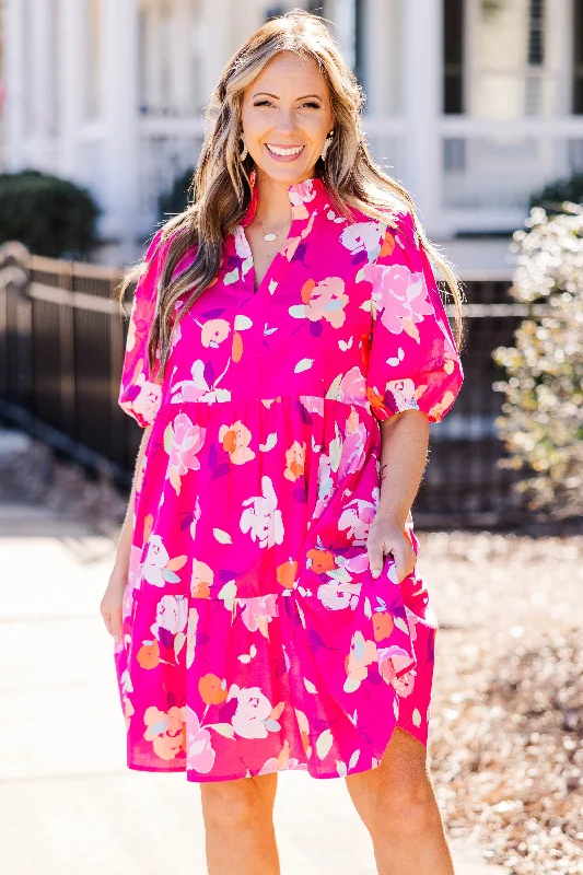 Midi dresses with pom - pom trims for a playful and festive look Smiles On Repeat Dress, Fuchsia Midi dresses with pom - pom trims for a playful and festive look Smiles On Repeat Dress, Fuchsia