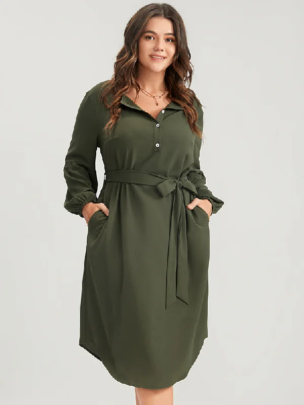 Midi dresses with patchwork patterns for a one - of - a - kind style Solid Lantern Sleeve Button Pocket Belted Arc Hem Dress Midi dresses with patchwork patterns for a one - of - a - kind style Solid Lantern Sleeve Button Pocket Belted Arc Hem Dress