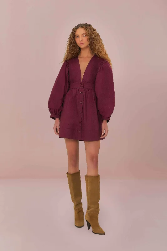 Mini dresses with asymmetric hems for a fashion - forward look Burgundy Puff Sleeve Mini Dress Mini dresses with asymmetric hems for a fashion - forward look Burgundy Puff Sleeve Mini Dress