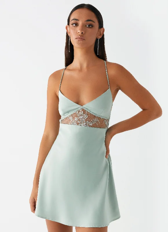 Everyday Dress with Sequined Appliques for a Sparkling Effect Korren Lace Mini Dress - Sage Everyday Dress with Sequined Appliques for a Sparkling Effect Korren Lace Mini Dress - Sage