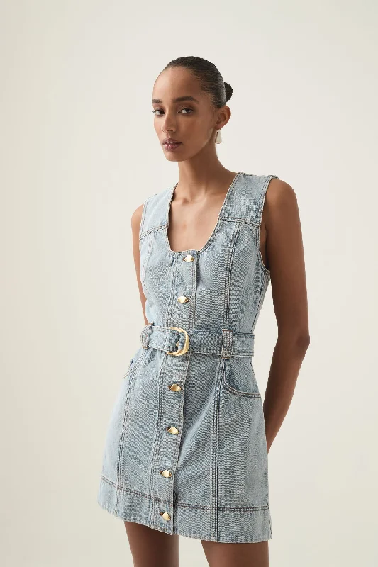 Mini dresses with criss - cross backs for a flirty look Aura Denim Mini Dress
