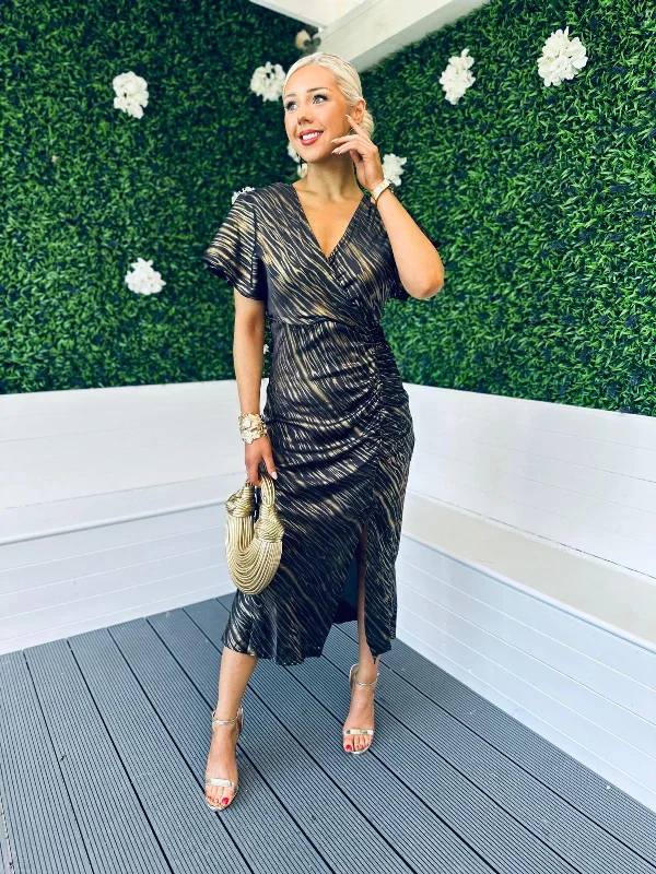 Midi dresses with polka dot prints for a playful summer outfit Priscilla Ruched Detail Midi Dress Black & Gold Midi dresses with polka dot prints for a playful summer outfit Priscilla Ruched Detail Midi Dress Black & Gold