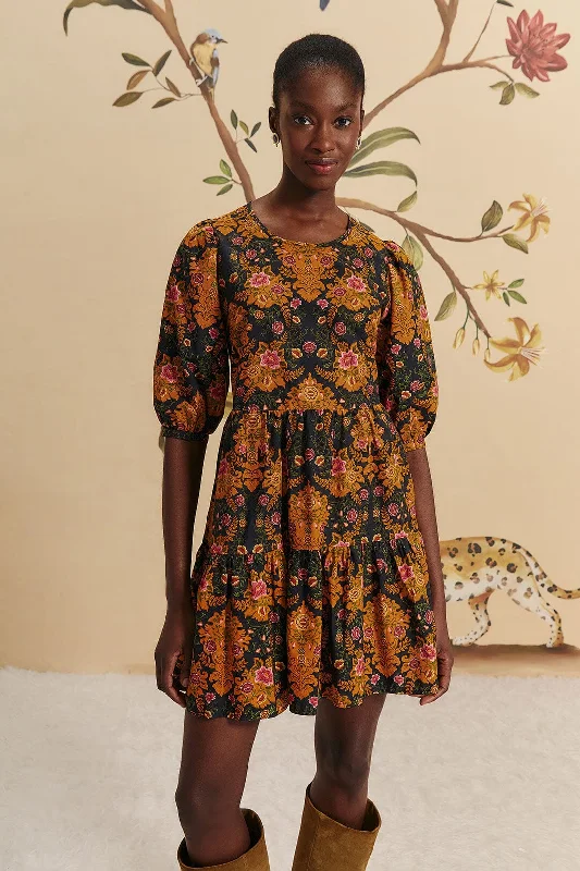 Metallic mini dresses for a glamorous event Black Arabesque Floral Puff Sleeve Mini Dress Metallic mini dresses for a glamorous event Black Arabesque Floral Puff Sleeve Mini Dress
