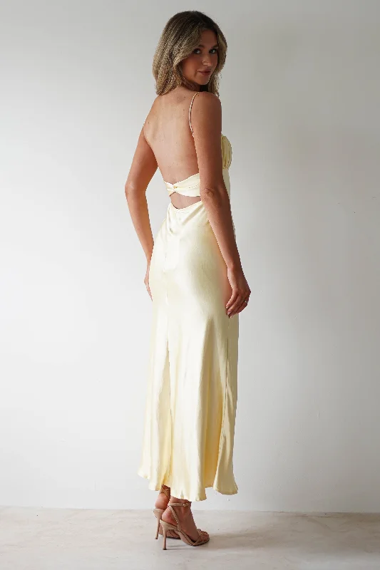 Maxi - inspired midi dresses with flowing fabrics for a beachy vibe Grace Soft Satin Maxi Dress | Yellow