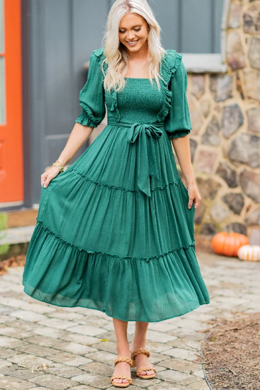 Midi dresses with ribbed textures for a unique and tactile appearance Feel Your Love Hunter Green Ruffled Midi Dress Midi dresses with ribbed textures for a unique and tactile appearance Feel Your Love Hunter Green Ruffled Midi Dress