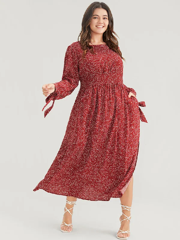 Midi dresses with belted waists to accentuate the figure Polka Dot Knotted Sleeve Pocket Shirred Split Dress Midi dresses with belted waists to accentuate the figure Polka Dot Knotted Sleeve Pocket Shirred Split Dress