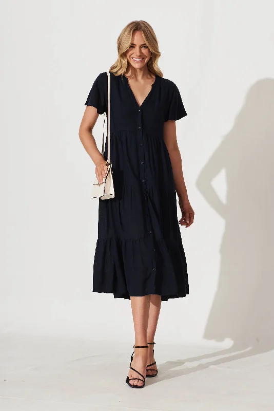 Everyday Dress with Shiny Metallic Thread for a Festive Feel Marvela Midi Shirt Dress In Navy Linen Blend Everyday Dress with Shiny Metallic Thread for a Festive Feel Marvela Midi Shirt Dress In Navy Linen Blend