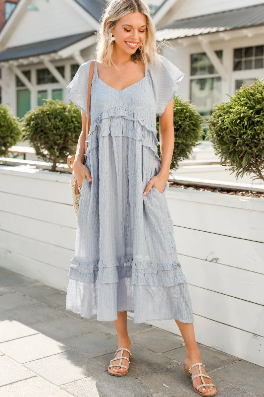 Midi dresses with button - front designs for a classic touch Moving Forward Blue Rain Ruffled Midi Dress Midi dresses with button - front designs for a classic touch Moving Forward Blue Rain Ruffled Midi Dress