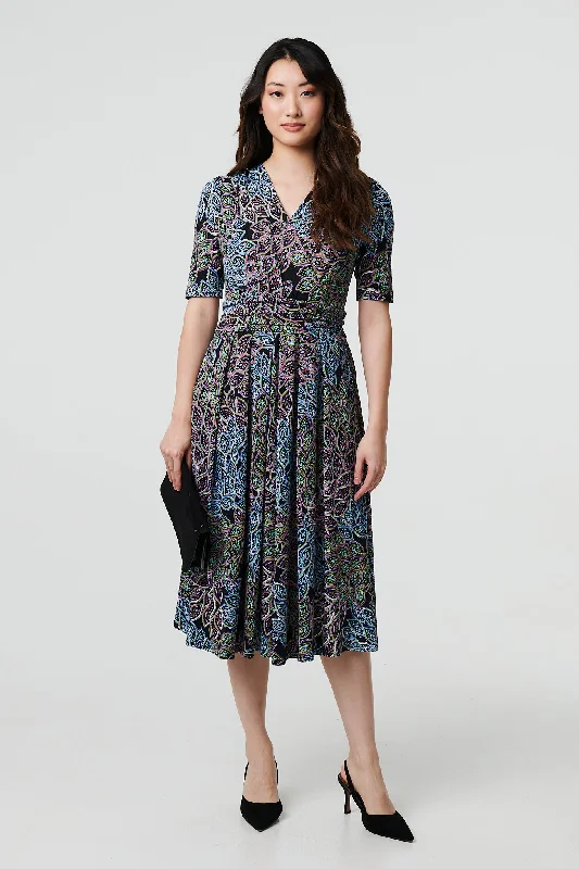  Leaf Print 1/2 Sleeve Faux Wrap Midi Dress