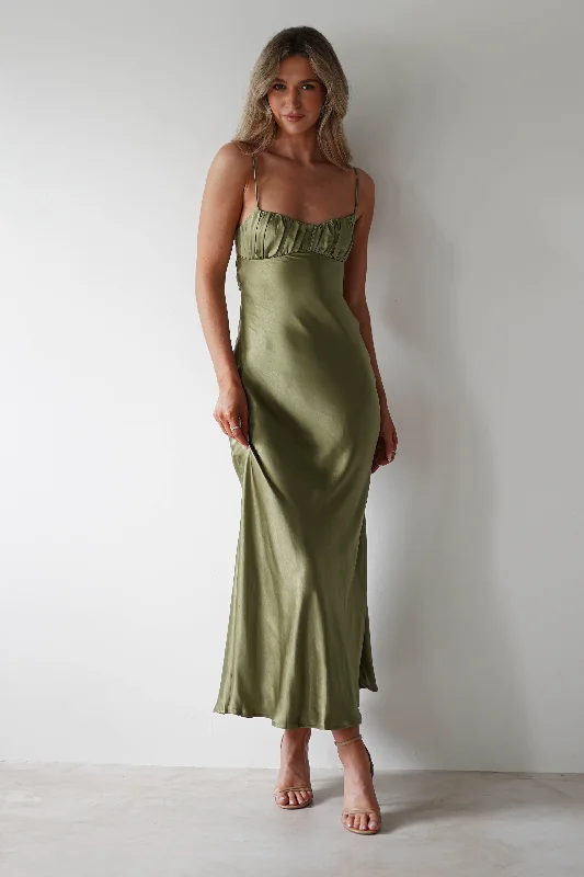 Midi dresses with lace - up fronts for a unique and adjustable style Grace Soft Satin Maxi Dress | Olive Midi dresses with lace - up fronts for a unique and adjustable style Grace Soft Satin Maxi Dress | Olive