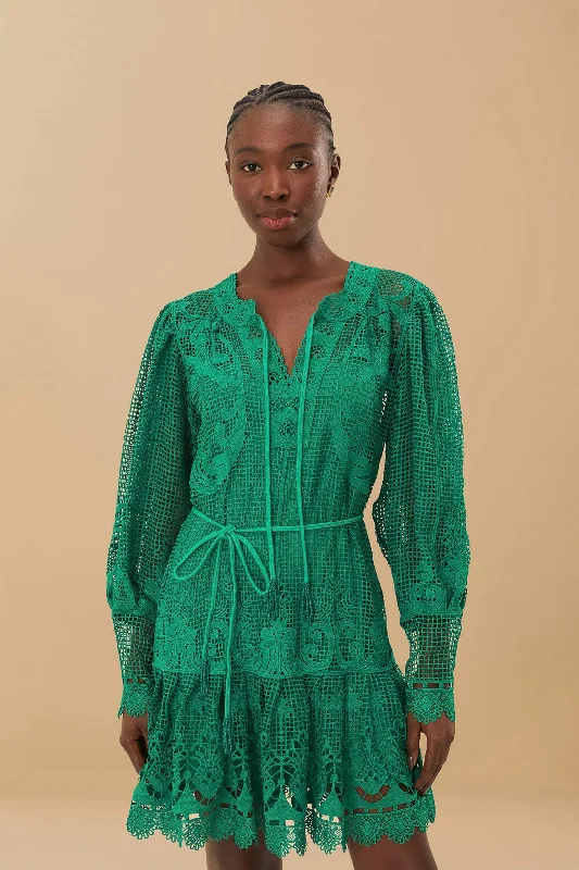 Mini dresses with patchwork designs for a unique style Green Tropical Flight Guipure Mini Dress Mini dresses with patchwork designs for a unique style Green Tropical Flight Guipure Mini Dress