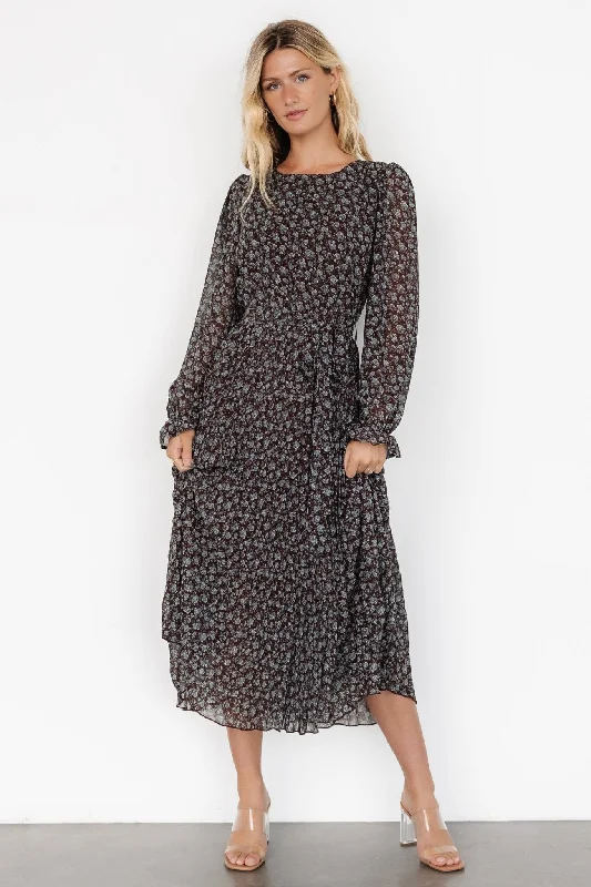 Midi dresses with empire waists for a flattering maternity option Edith Pleated Dress | Brown + Blue Midi dresses with empire waists for a flattering maternity option Edith Pleated Dress | Brown + Blue