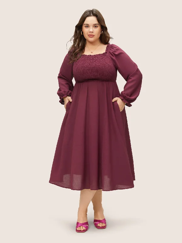 Midi dresses with sheer panels for a touch of allure Square Neck Shirred Pleated Frill Trim Dress Midi dresses with sheer panels for a touch of allure Square Neck Shirred Pleated Frill Trim Dress