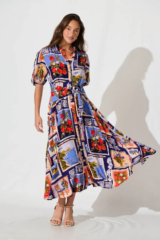 Everyday Dress with Pleated Skirt for a Feminine Touch Bella Maxi Shirt Dress In Blue Multi Postcard Print Everyday Dress with Pleated Skirt for a Feminine Touch Bella Maxi Shirt Dress In Blue Multi Postcard Print