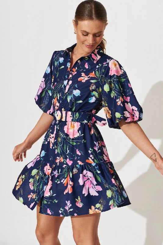 Everyday Dress with Flame - resistant Fabric for Safety - conscious Shoppers Courtney Shirt Dress In Navy With Multi Floral Print Everyday Dress with Flame - resistant Fabric for Safety - conscious Shoppers Courtney Shirt Dress In Navy With Multi Floral Print
