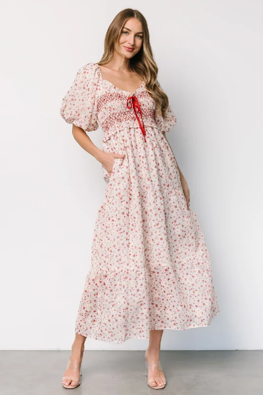 Midi dresses with patchwork patterns for a one - of - a - kind style Hollie Smocked Dress | Cream + Red Floral Midi dresses with patchwork patterns for a one - of - a - kind style Hollie Smocked Dress | Cream + Red Floral