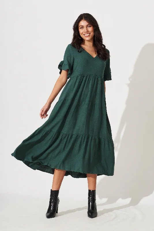 Everyday Dress with Embroidered Flowers for a Dainty Look Kristen Midi Smock Dress In Green Linen Blend Everyday Dress with Embroidered Flowers for a Dainty Look Kristen Midi Smock Dress In Green Linen Blend