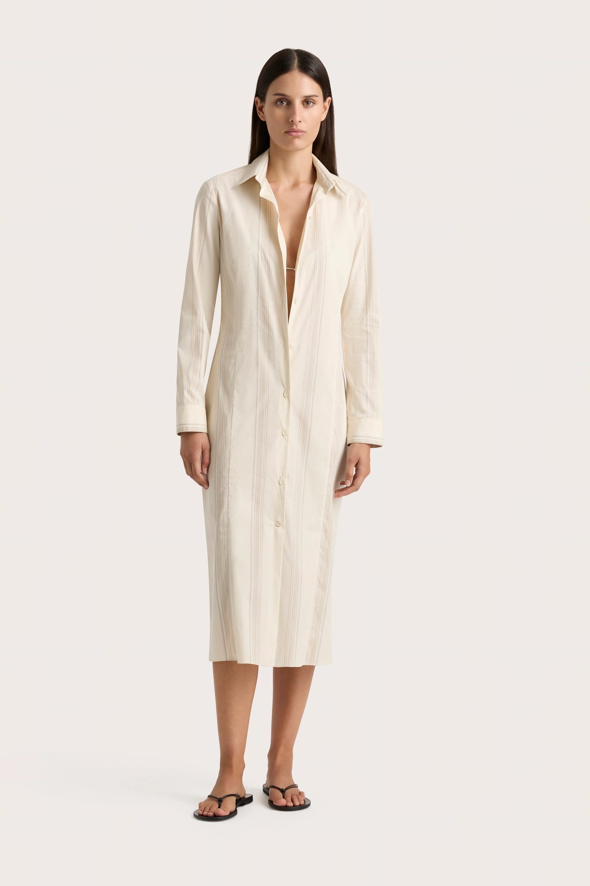 Mini dresses with empire waists for a flattering fit En Vau Shirt Dress Foam Taupe Stripe - Final Sale Mini dresses with empire waists for a flattering fit En Vau Shirt Dress Foam Taupe Stripe - Final Sale